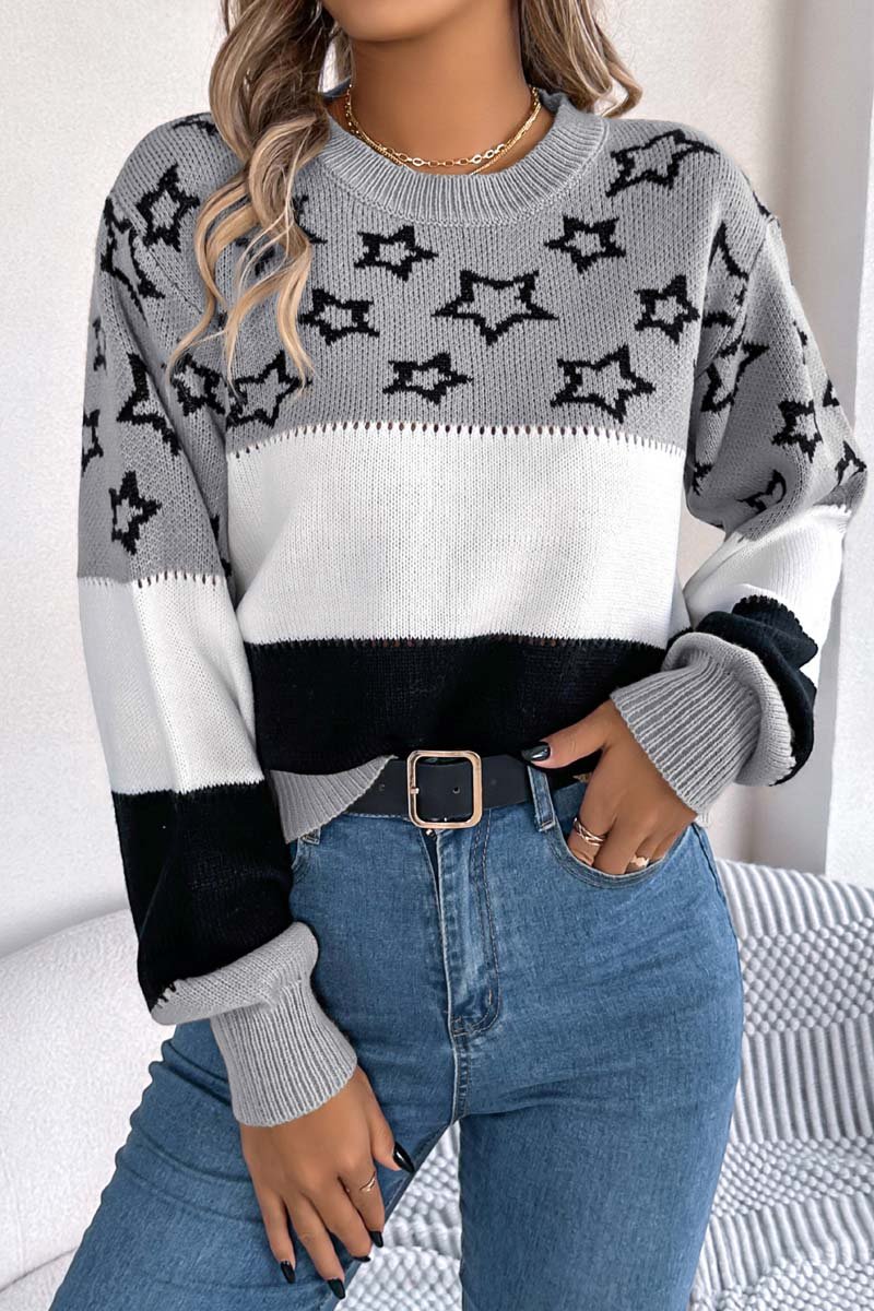 Women's casual color block star hollow lantern sleeve pullover sweater