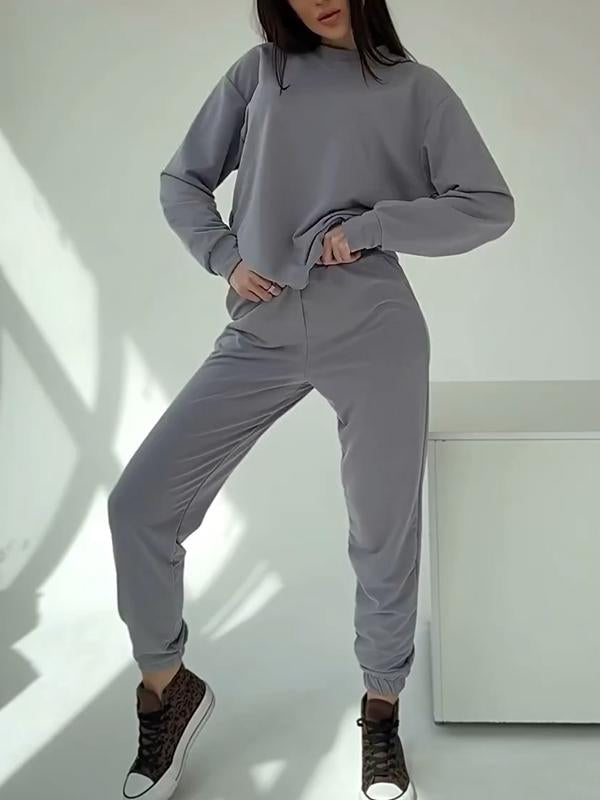 Women's Round Neck Solid Color Sports Two-piece Suit Gray