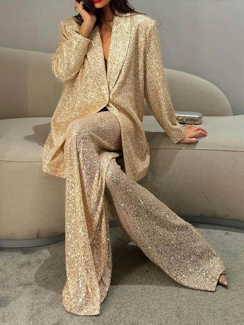 Women's Lapel Sequined Suit + Trousers Casual Set gold