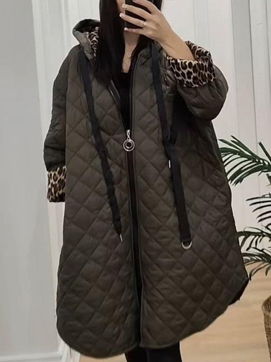 Women's Leopard Print Long Sleeve Hooded Overcoat green