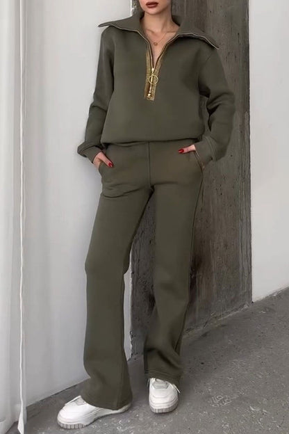 Women's Lapel Long Sleeve Sweatshirt Two Piece Set green