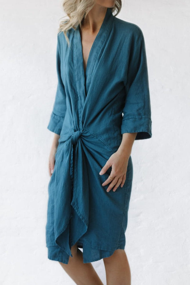 Women's Casual Solid Color Cotton and Linen Dress Blue