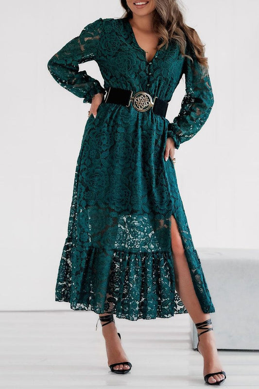 Women's V-neck Hollow Lace Dress green