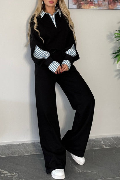 Women's Lapel Long Sleeve Short Top and Trousers Suit