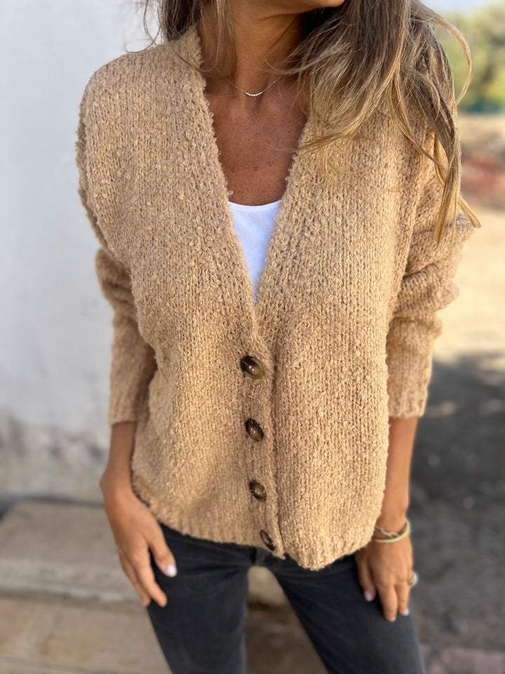 Women's Autumn V-neck Long-sleeved Casual Knitted Cardigan khaki