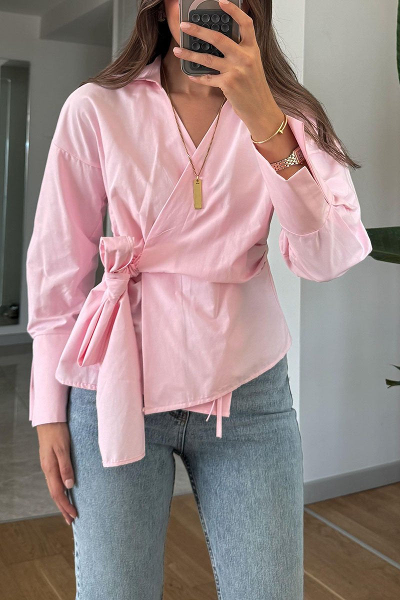 Women's Casual Solid Color Lace-Up Shirt pink