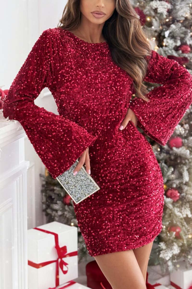 Women's Fashion Bell Sleeve Sequin Mini Dress Wine Red