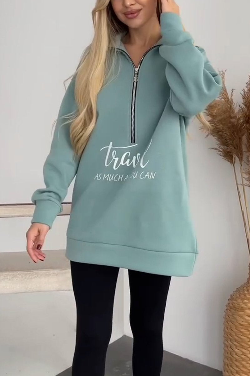 Women's Casual Lapel Half-zip Pullover Sweatshirt green