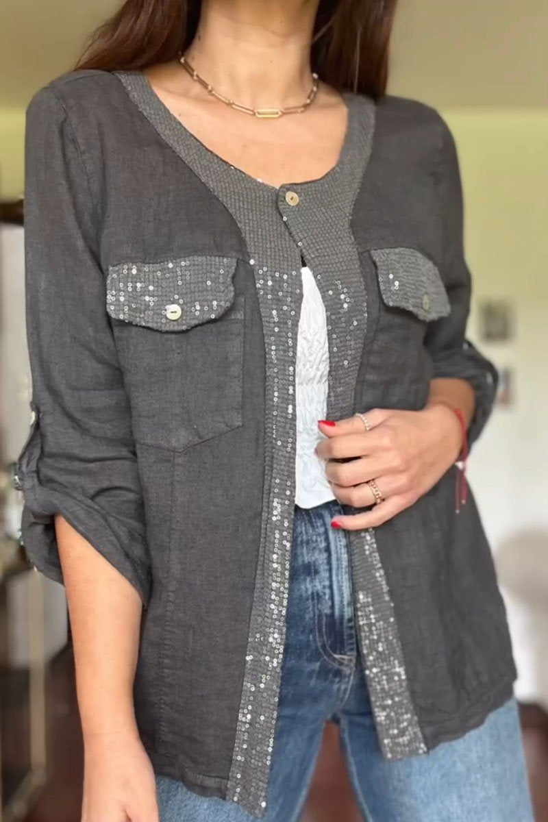 Women's Casual Solid Color Sequin Shirt grey