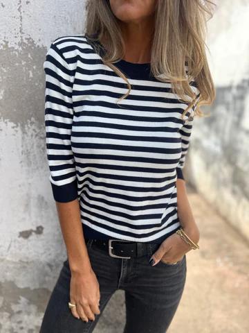 Casual Round Neck Striped Top black