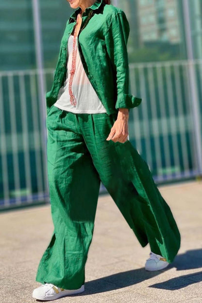 Casual solid color cotton and linen suit Green