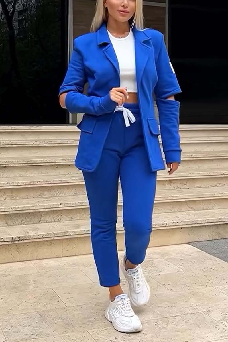 Women's Fashion Hollow Sleeve Solid Color Suit Royal Blue