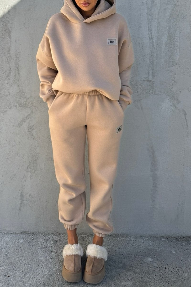 Women's Long Sleeve Hooded Sweatshirt Two Piece Set beige