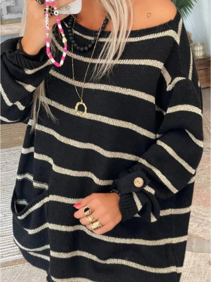 Women's Striped Contrast Pocket Crew Neck Sweater