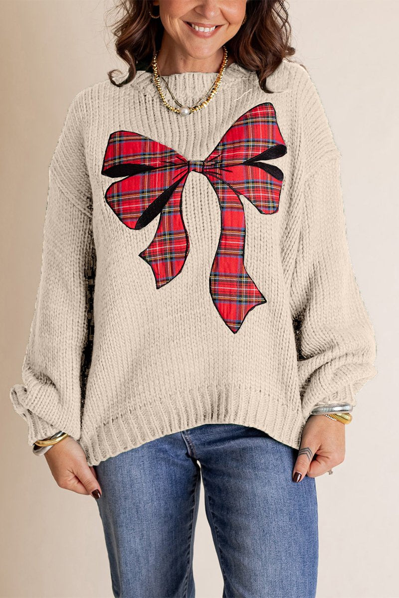 Women's Christmas Knitted Bow Sweater apricot