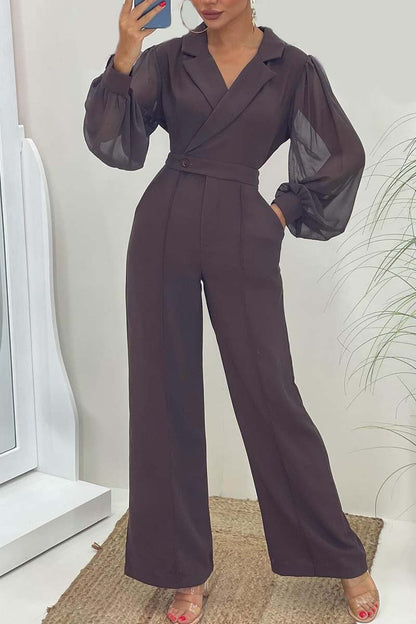 Women's fashionable sleeve patchwork mesh solid color lapel jumpsuit Chocolate Color