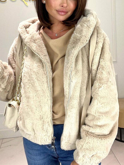 Women's Solid Color Furry Hooded Coat Khaki