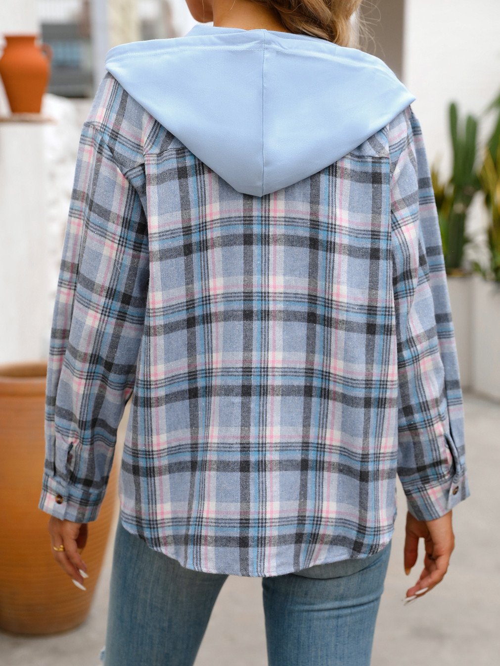 Women's Loose Plaid Casual Hooded Shirt