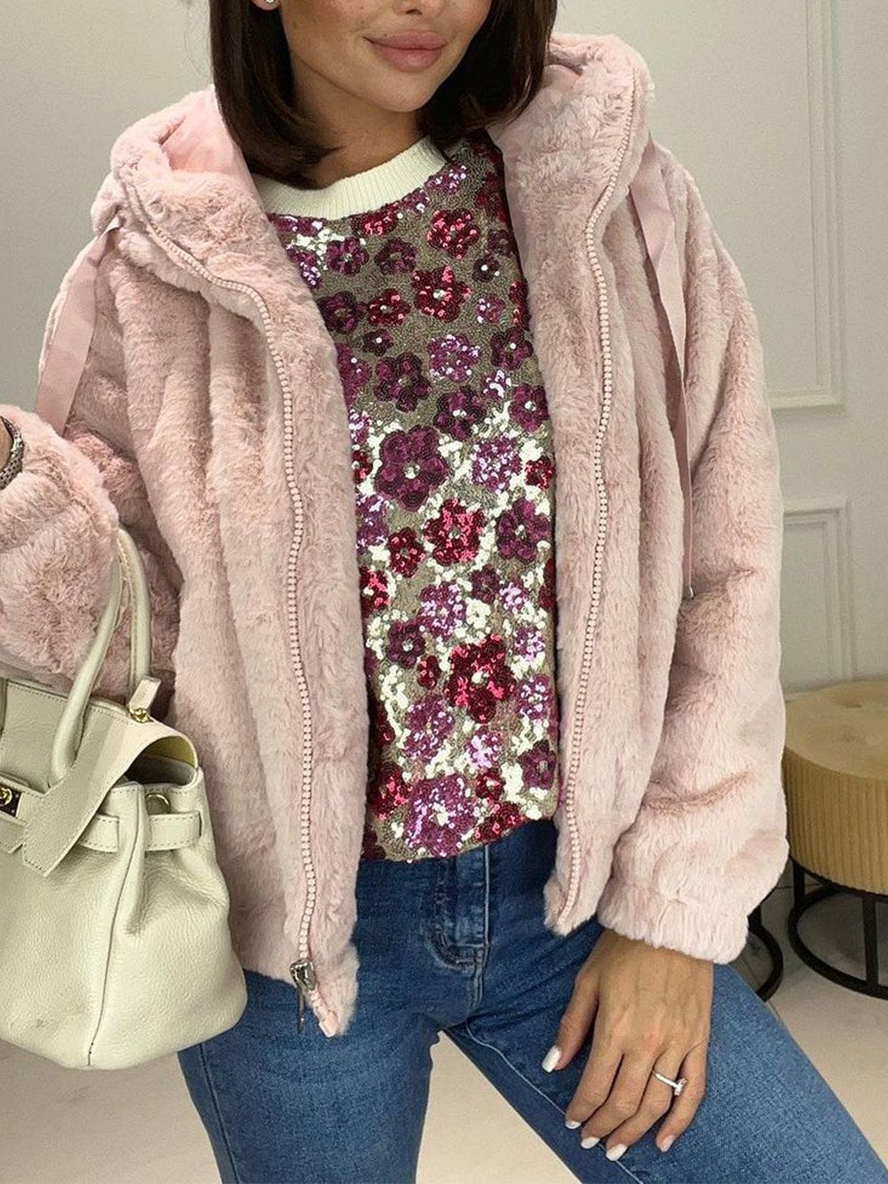 Women's Solid Color Furry Hooded Coat Pink