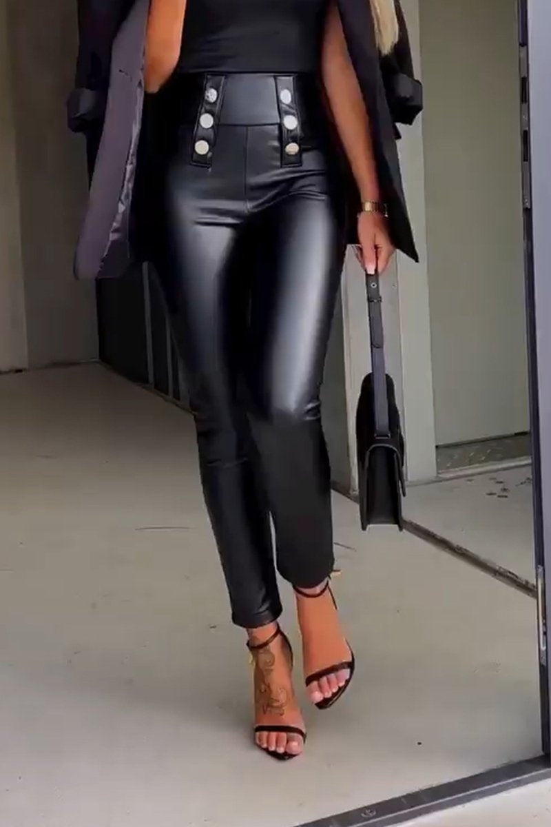 Women's Casual High Waist PU Leather Pants black