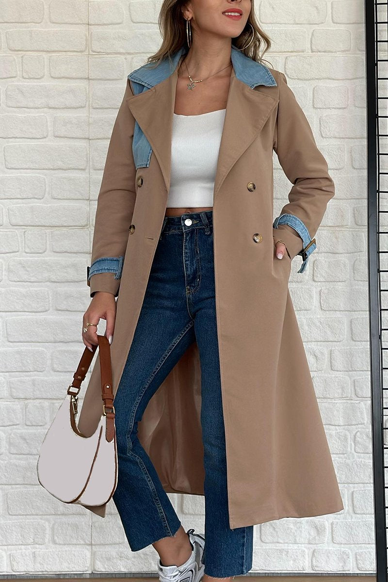 Women's Elegant Colorblocked Long Coat Coffee