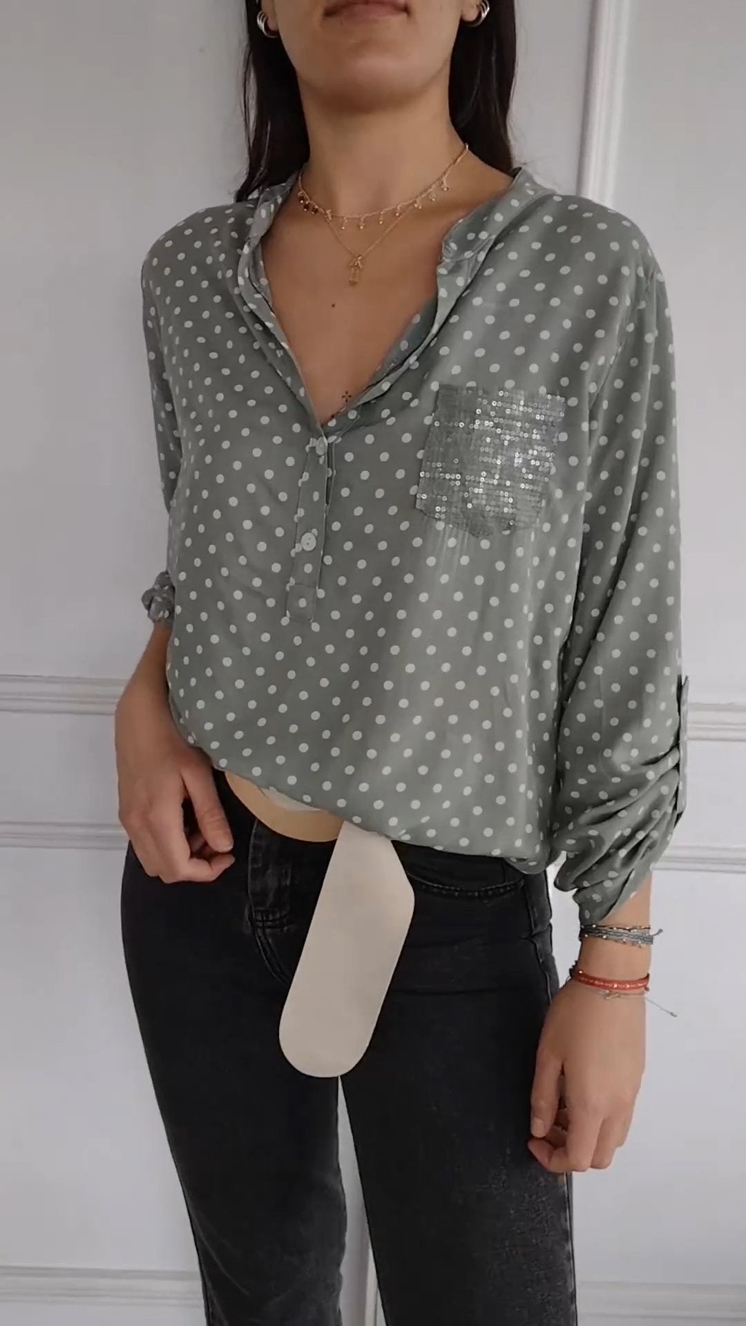 Women's V-neck Polka Dot Sequined Casual Shirt dark gray