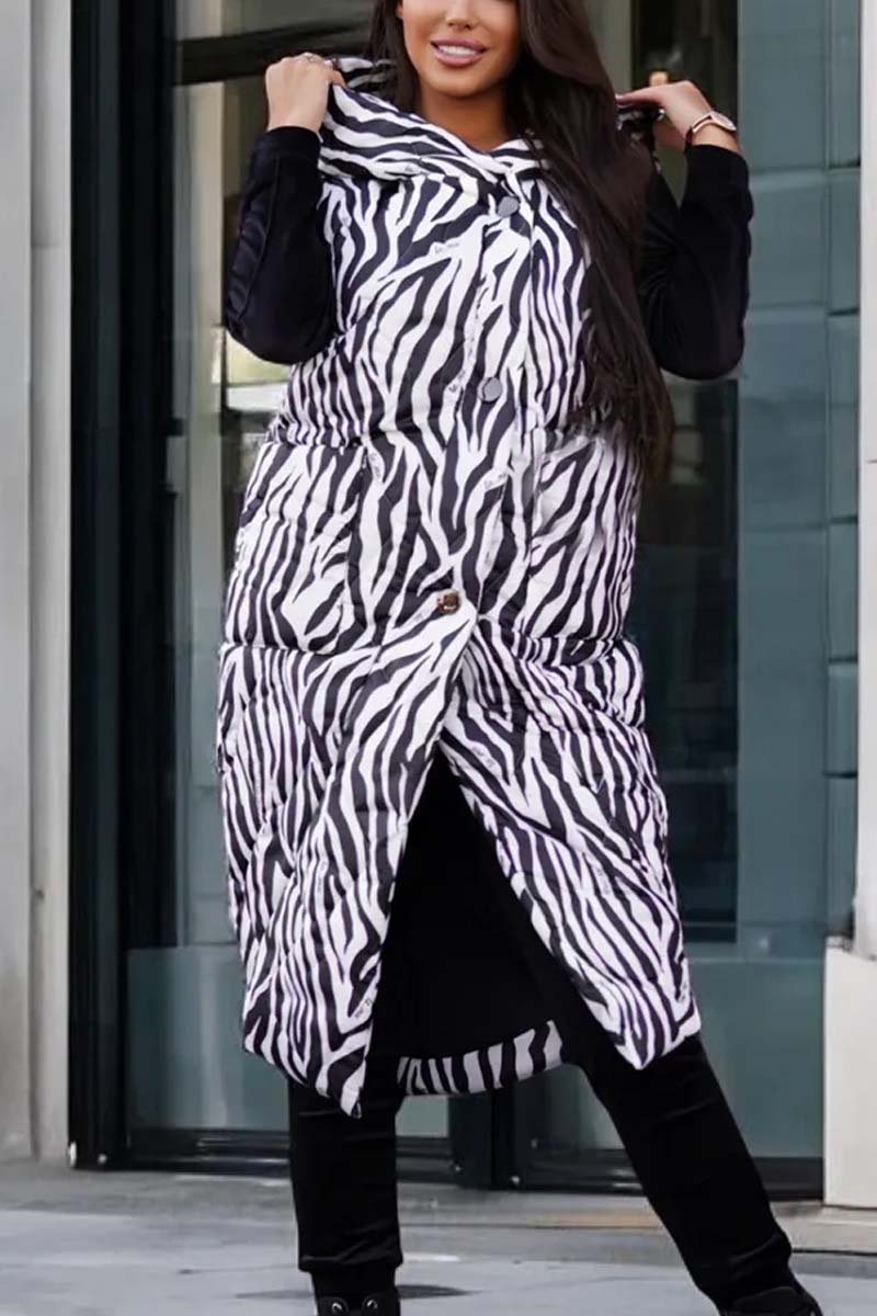 Women's Fashion Hooded Animal Print Mid-Length Sleeveless Cotton Coat White Zebra Print