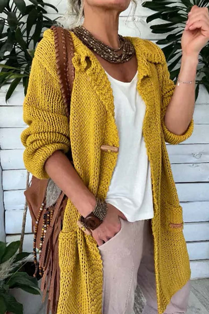 Women's Casual Solid Color Lapel Thick Thread Sweater Knitted Cardigan Yellow