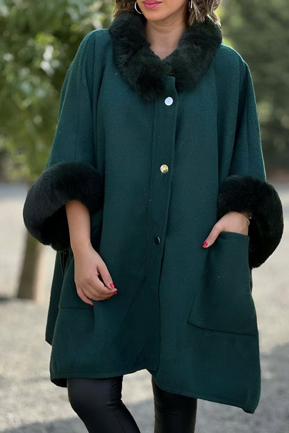 Women's Elegant Cuffs Terry Loose Coat Dark Green