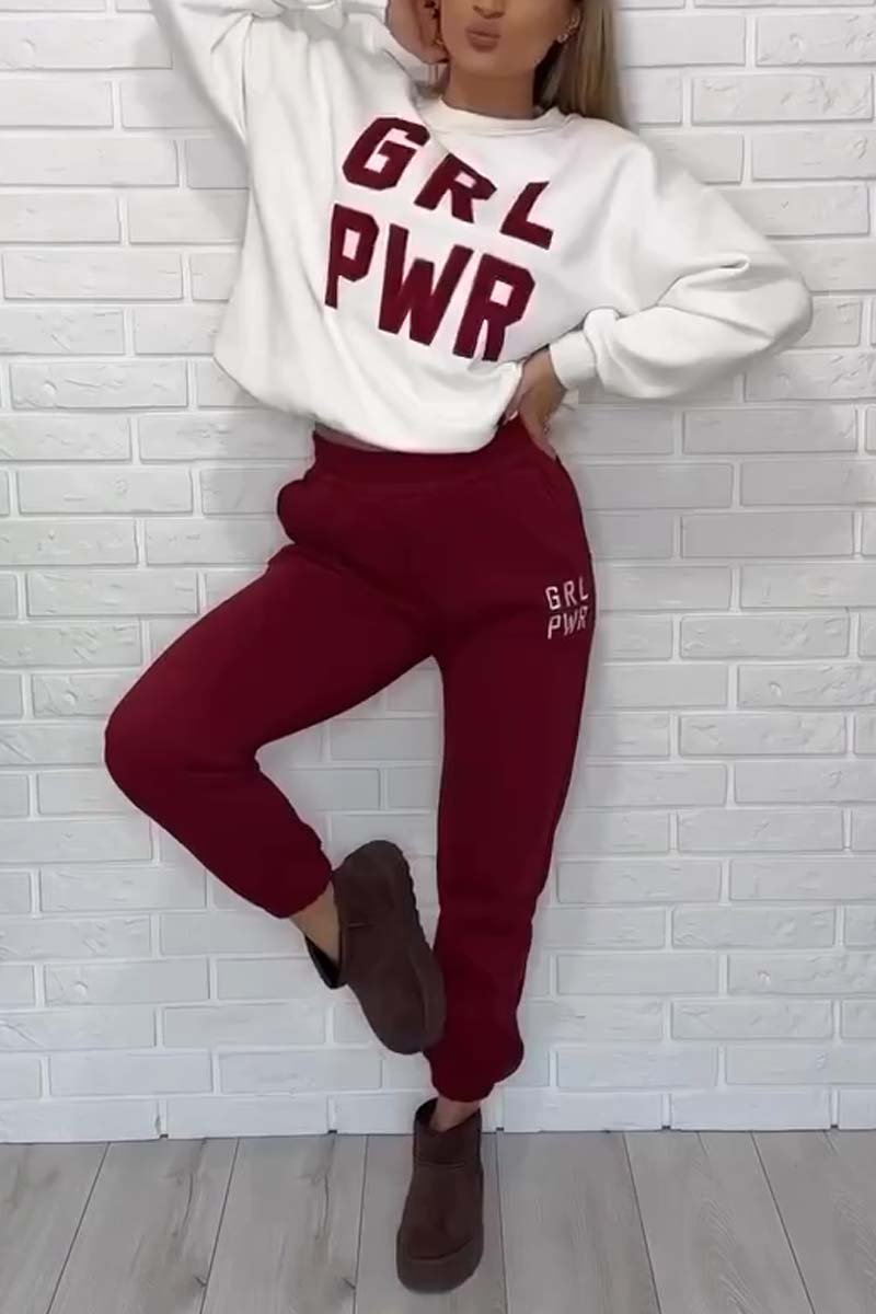 Women's Casual Letter Print Sports Sweatshirt Set Wine Red