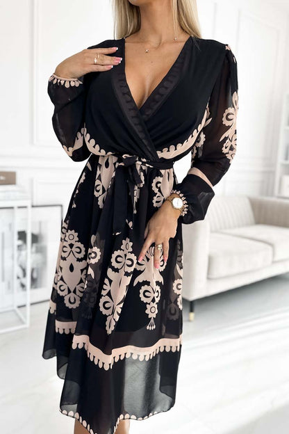 Women's Elegant High Waist Strappy Printed Dress Black