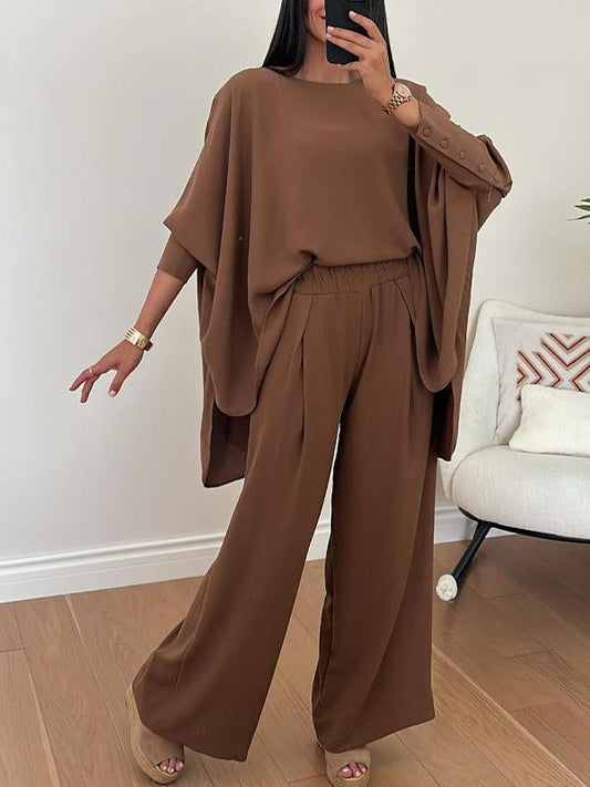 Women's Round Neck Bat Sleeve Design Loose Casual Suit brown