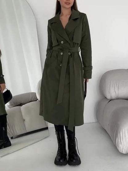 Women's Lapel Long Waist Trench Coat dark green