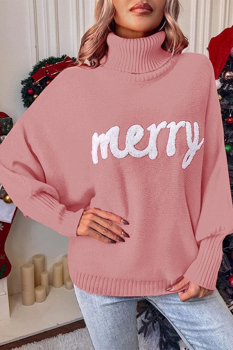 Women's Christmas High-neck Loose Sweater pink