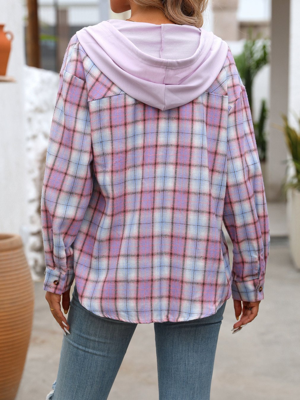 Women's Loose Plaid Casual Hooded Shirt