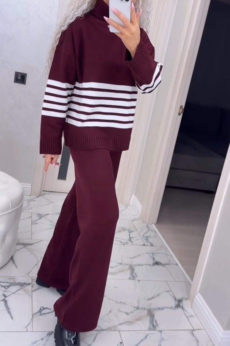 Women's Casual Knit Stripe Long Sleeve Two-Piece Set burgundy