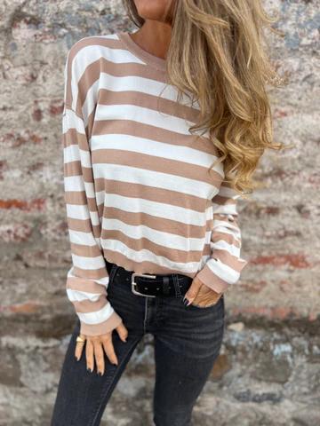 Casual Round Neck Striped Top apricot