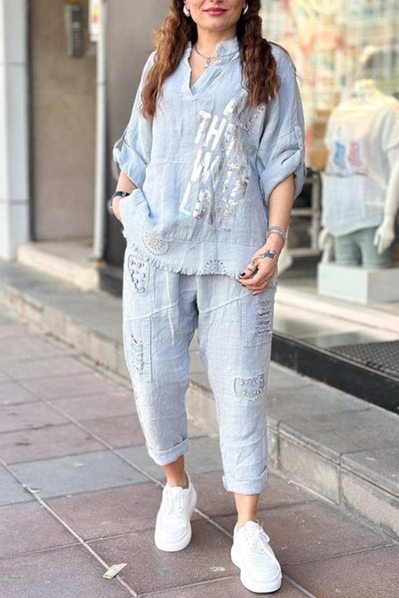 Women's casual letter printed cotton and linen top + pants set Blue