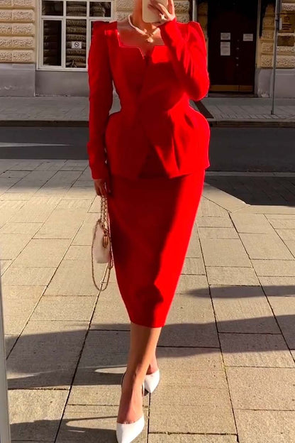 Women's Fashion Commuting Solid Color Skirt Suit Red