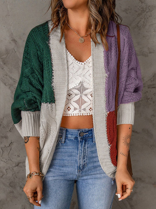 Women's Casual Colorblock Knitted Cardigan darkgreen