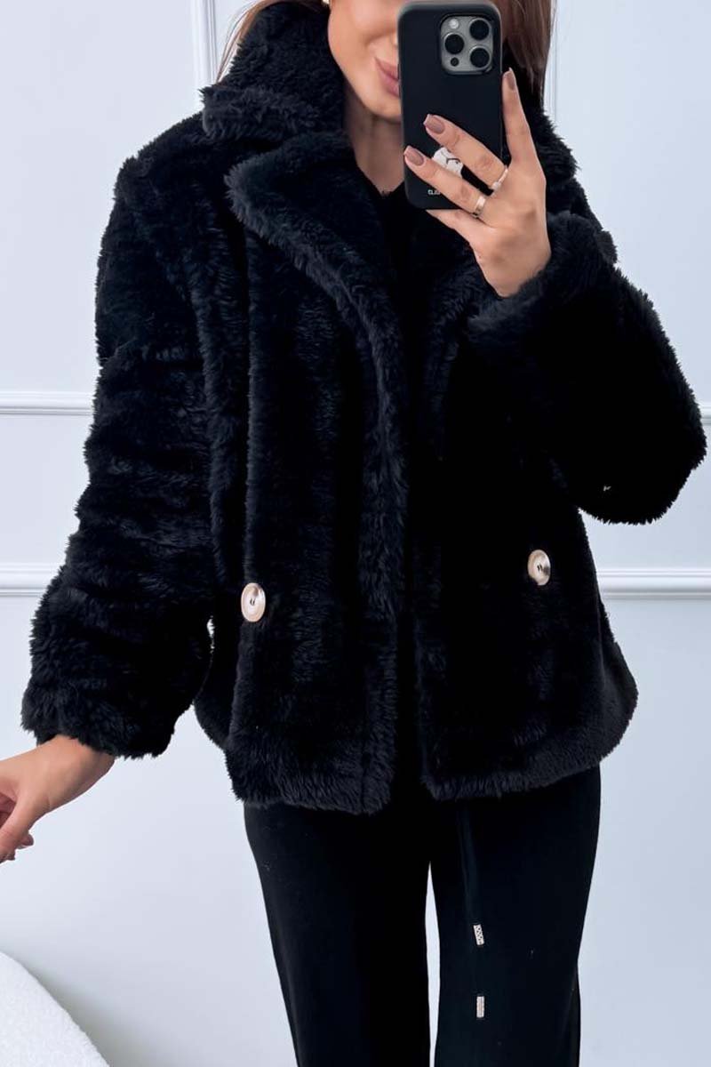 Women's casual solid color sherpa short coat Black