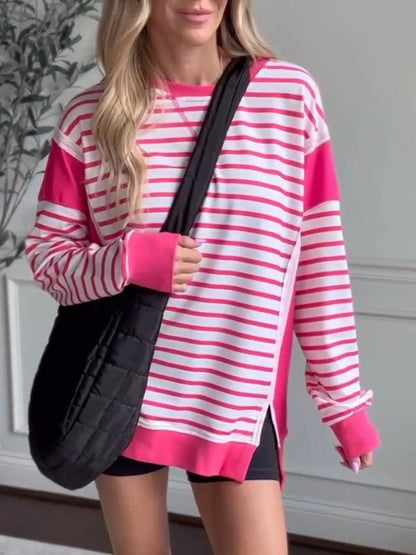 Women's Crew Neck Striped Contrast Top pink