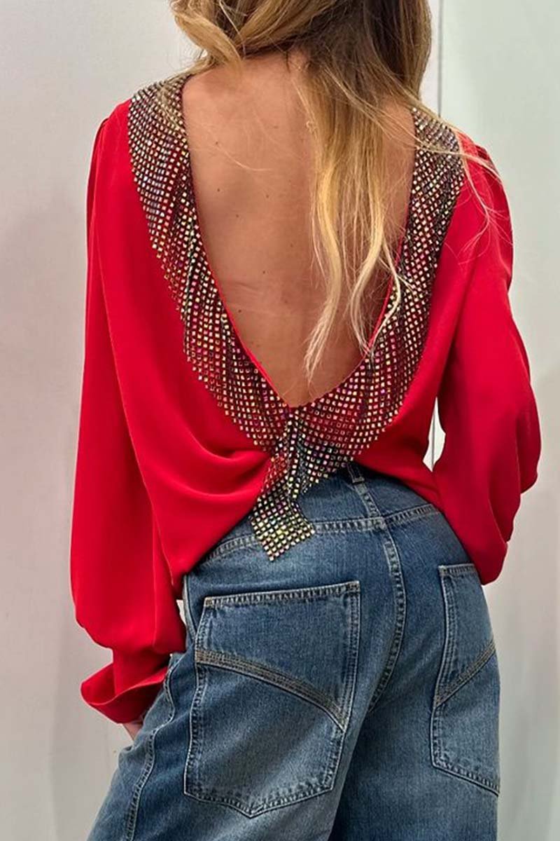 Women's Stylish Diamond Embellished Backless V-Neck Top Red