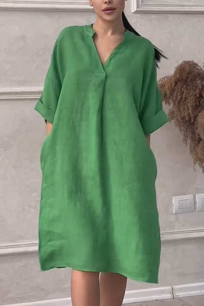 Casual cotton and linen V-neck dress Green