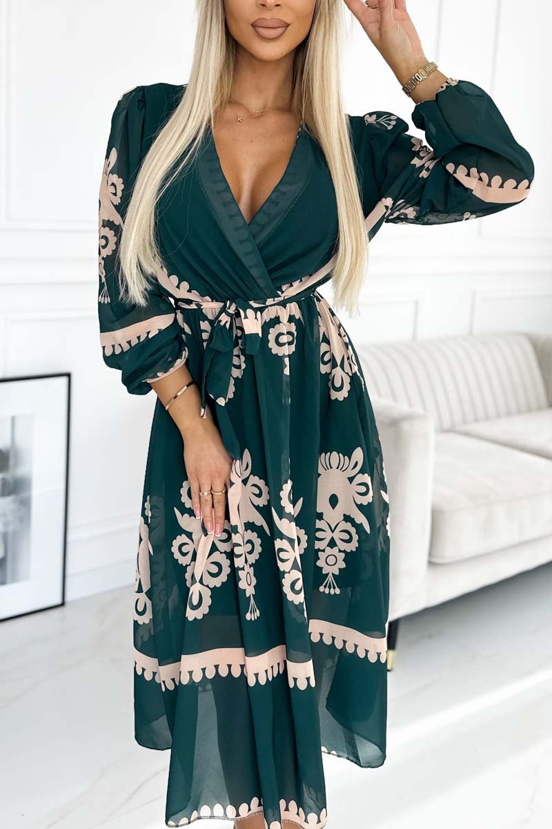 Women's Elegant High Waist Strappy Printed Dress Dark Green