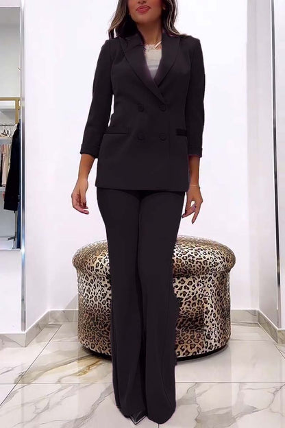 Women's Stylish Commuting Solid Color Blazer and Pants Set Black