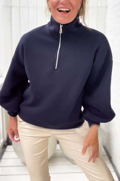 Women's Casual Half Zip Long Sleeve Crew Neck Pullover Sweatshirt Dark Blue