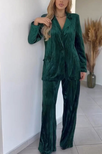 Women's Casual Lapel Suede Suit Two-piece Suit dark green