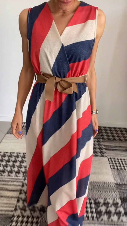 Women's V-neck Striped Sleeveless Dress