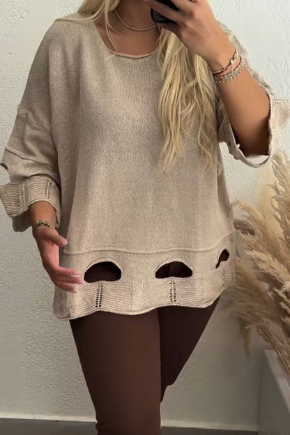 Women's Casual Solid Color Hollow Knitted Sweater apricot